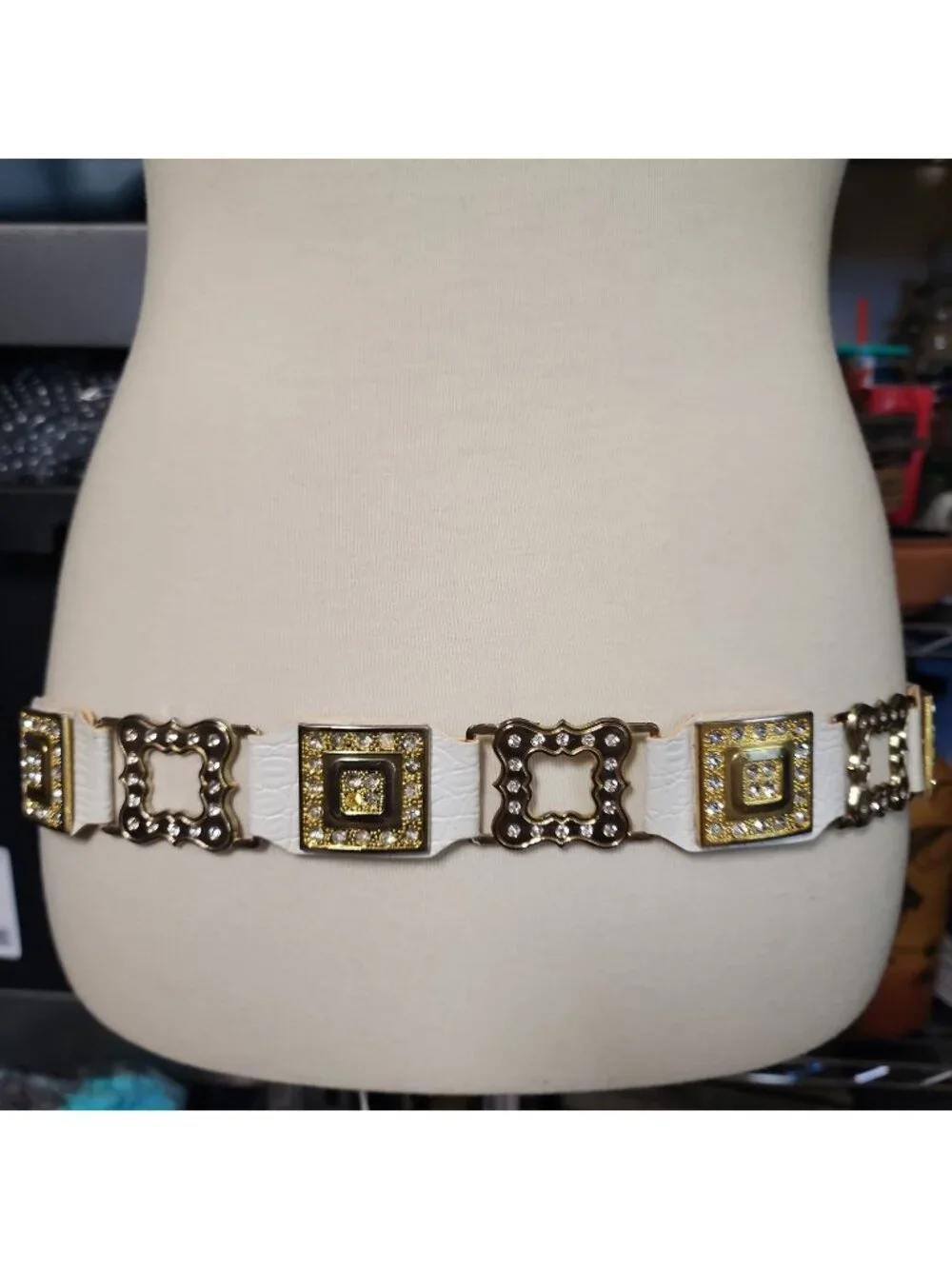 Vintage Art Deco Women's Enameled Rhinestone Belt White Gold Fits 31-35